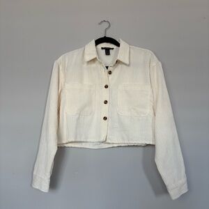 Forever 21 Cream Corduroy Style Cropped Lightweight Button Up Shirt Size Small